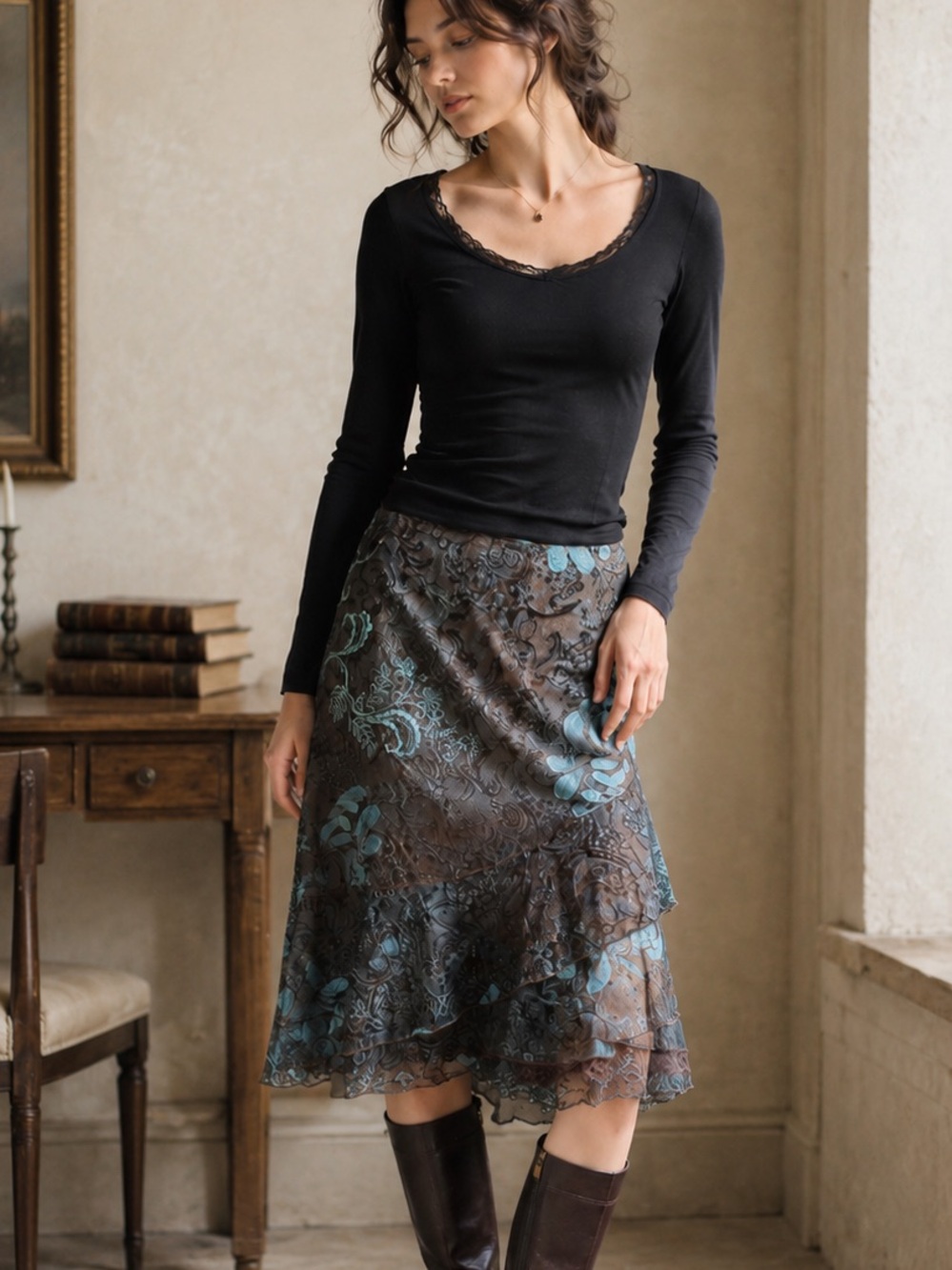 Floral Chiffon Ruffle Skirt Brown Teal S8 - Picture 1 of 15